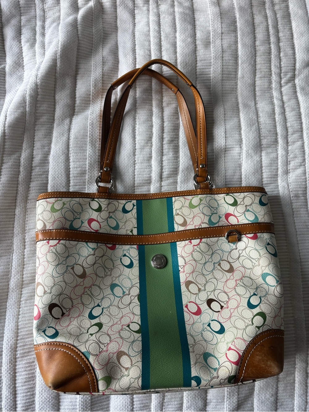 Coach Multicolor Signature Canvas Tote with Green Center Stripe and Tan Trim